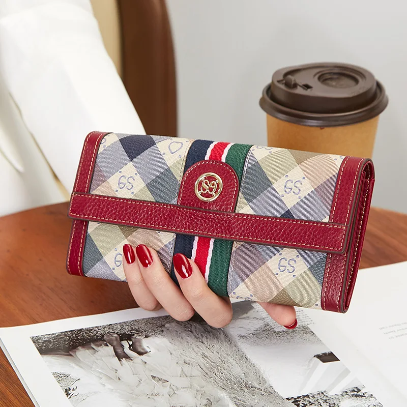 2023 Genuine Leather Women Wallets Brand Design Stripe Ribbon Clutch Bag First Layer Cowhide Long Purse Plaid Female Wallet