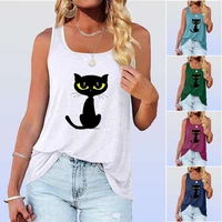 women fashion cat print top summer sleeveless shirt round neck t shirt casual vest shirt loose ladies tank top