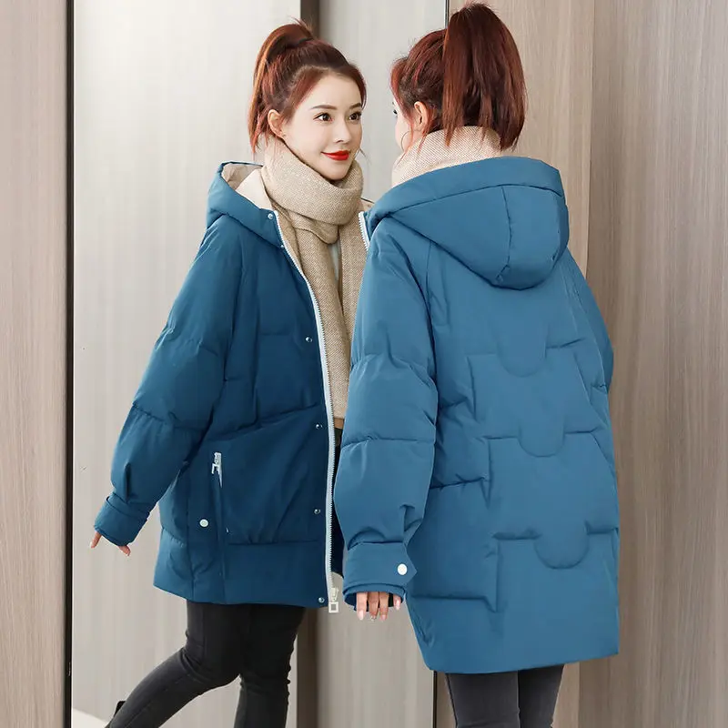Down Cotton Jacket Women's Medium Length Winter 2023 New Korean Version Loose Thickened Cotton Jackets Casual Hooded Coat Female