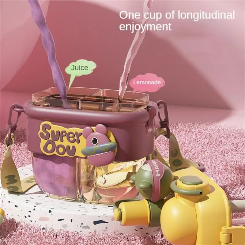 

500/800 ML Kawaii Flat Water Bottles For Girls Kids Cute Plastic Tritan Double Drink Bottle With Strap Straw Filter BPA Free