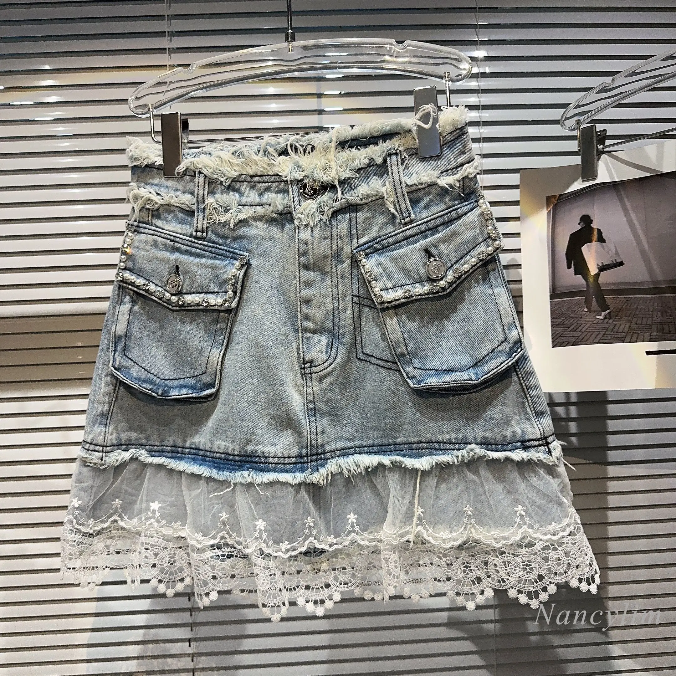 

2023 Summer New Pocket Mesh Lace Stitching Edge Denim Skirt for Women Short Hip Skirts Lady Jupe