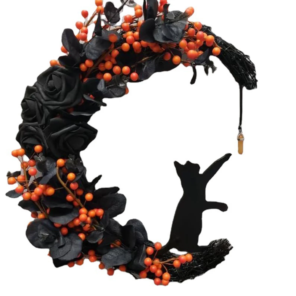 

Halloween Moon Cat Garland With Rose Black Decorations Wreath For Front Door Festive Decorations Black Cat Moon