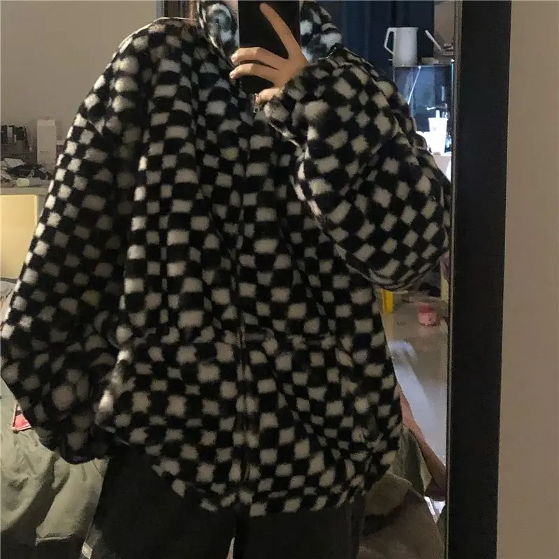 Goth Fashion Plaid Fur Jacket Women Vintage Checkerboard Gothic Style Streetwear All-match Outwear Harajuku Jackets Fur Coat y2k