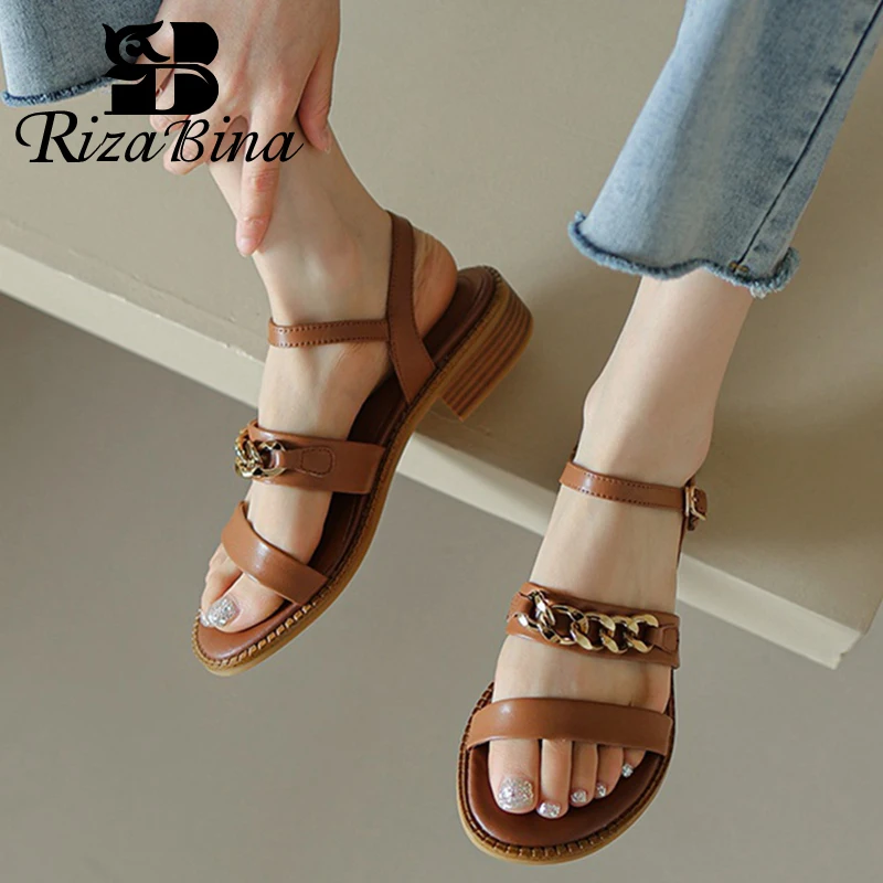 

RIZABINA 2022 Genuine Leather Sandals For Women Low Heels Metal Chains Ins Shoes Woman Outdoor Summer Ladies Footwear Size 34-40