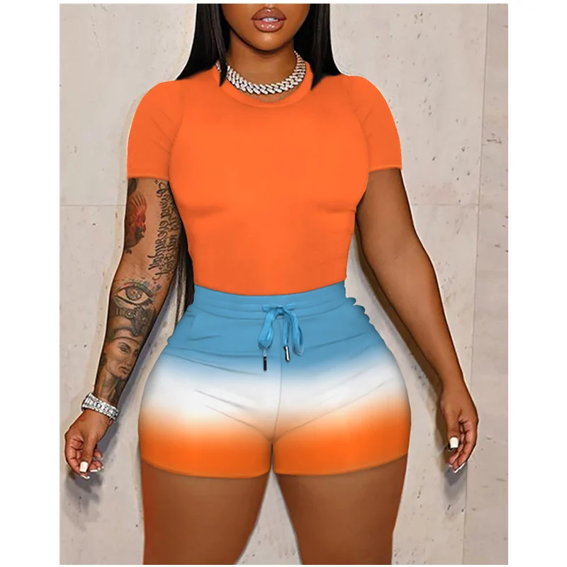 

Женский летний модный комплект из двух предметов, Женская Повседневная рубашка с коротким рукавом, топ с завязками и шорты с высокой талией, одежда, костюм, наряды