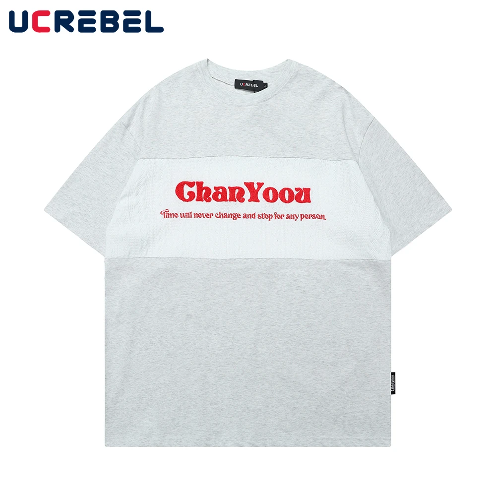 

Футболка мужская с Вышивкой Букв и коротким рукавом, топ в стиле пэчворк, Повседневная Свободная хлопковая рубашка с круглым вырезом, на лет...