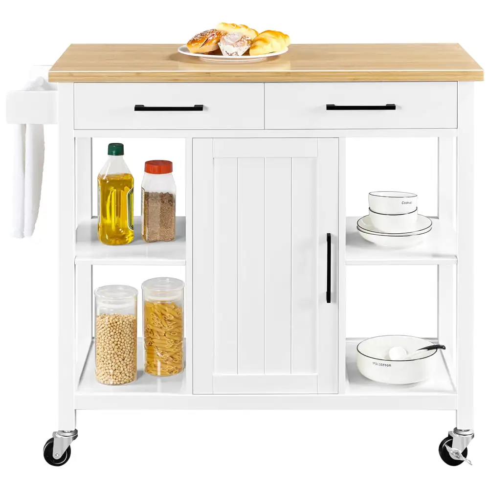 

Мобильная Кухонная Тележка Easyfashion для кухонного островка на запираемых колесах с хранилищем, белая