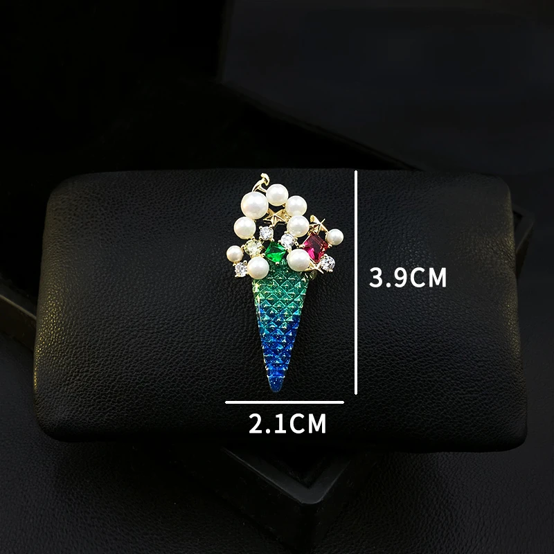Unique Ice Cream Cone Brooch Exquisite High-End Corsage Summer Cute Suit Pins Clothes Accessories Women Pearl Rhinestone Jewelry