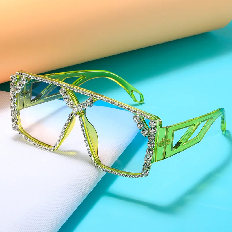 

New Arrival Green Sunglasses with Diamonds Women Decorative Large Frames transparent Square Oculos Ladies Oversized Sun Glasses