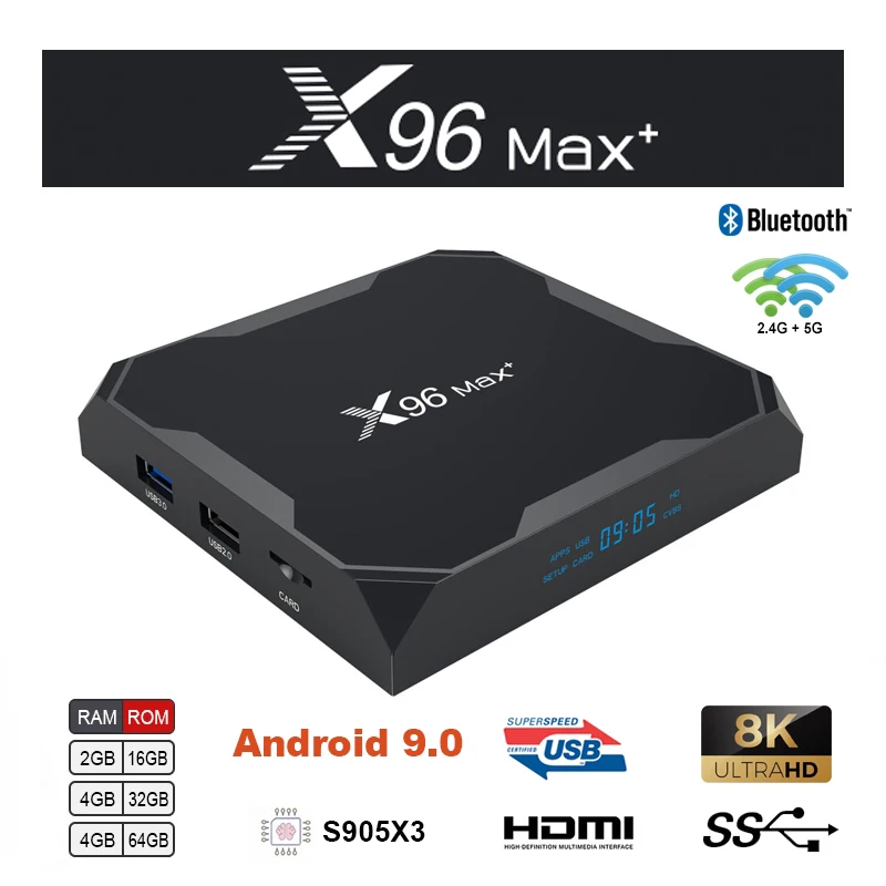 

X96 MAX Plus Android 9.0 TV Box Amlogic S905X3 Quad Core 2G 4G 16/32/64GB Dual Wifi BT H.265 8K 24fps Stream Media Player Youtu