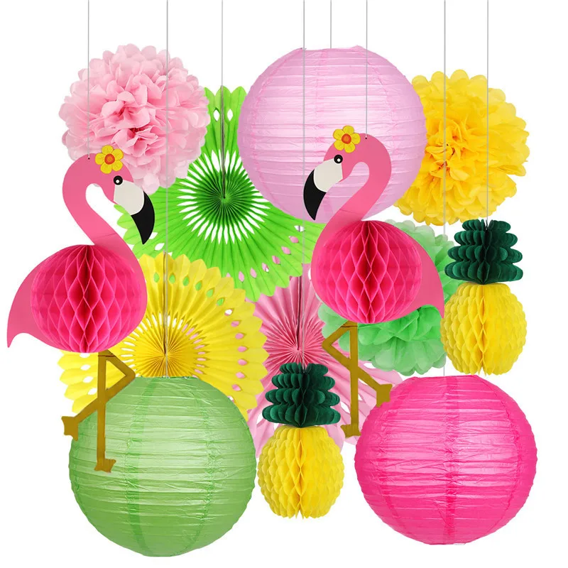 Hawaii Flamingo Honeycomb Lantern DIY Decoration Set Pineapple Flamingo Honeycomb Ball Paper Flower Lantern Birthday Party Decor