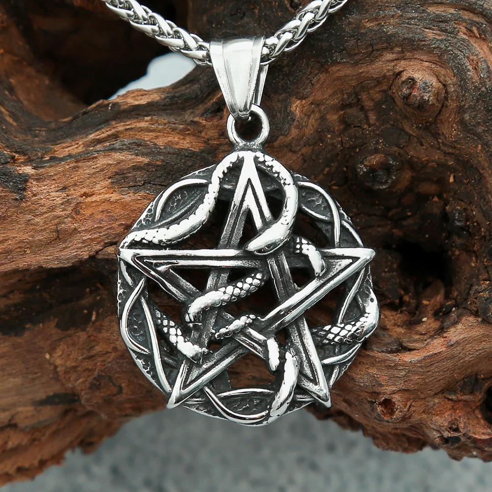 

Vintage Coiled Snake Pentagram Pendant Necklaces For Men 316L Stainless Steel Necklace Punk Biker Fashion Amulet Jewelry Gift