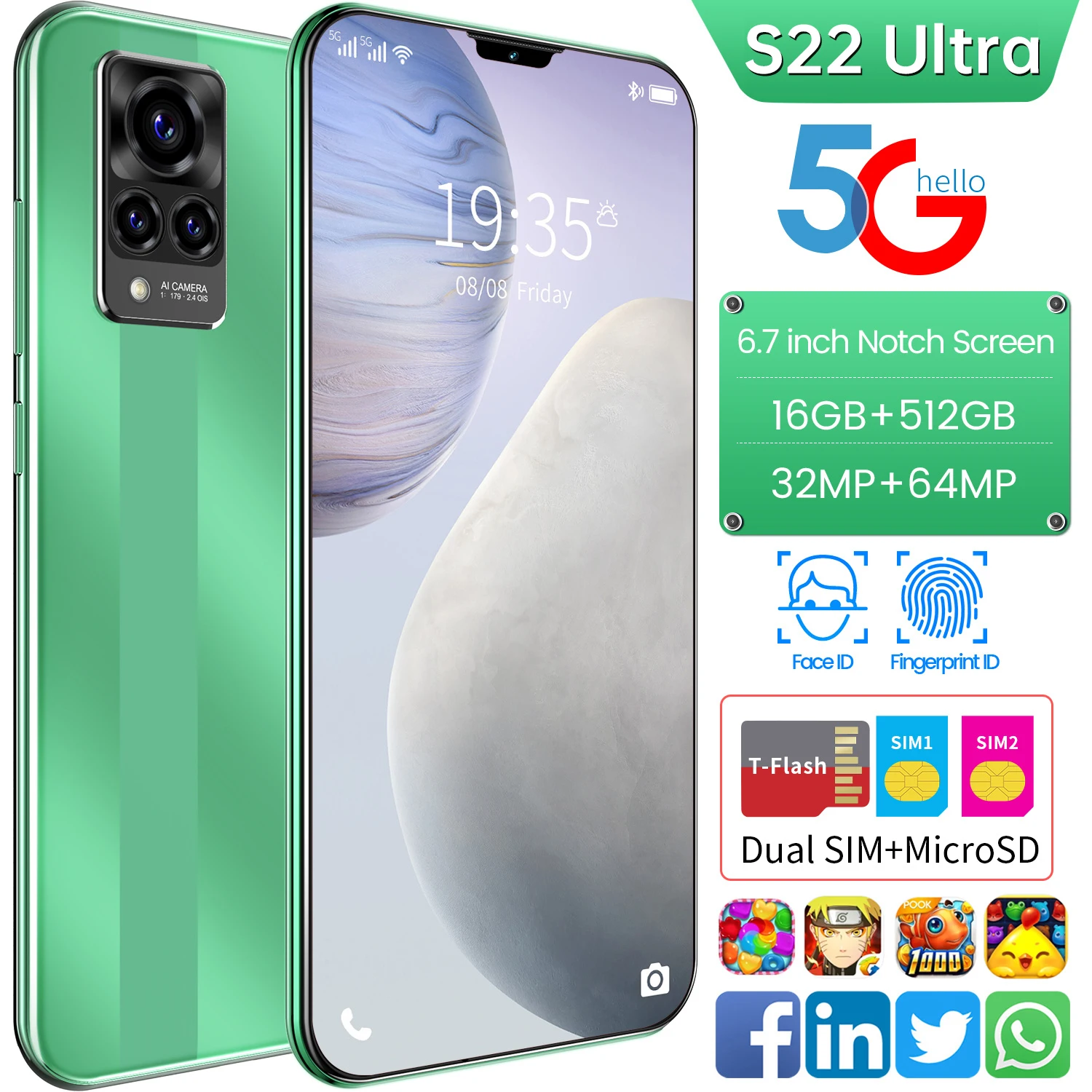 S22 Ultra Global Version 6.7Inch 12+512GB 32+64MP 6000mAH 1200*2640 MT6889 CPU Mobile Phone Daul Card Android Unlocked CellPhone