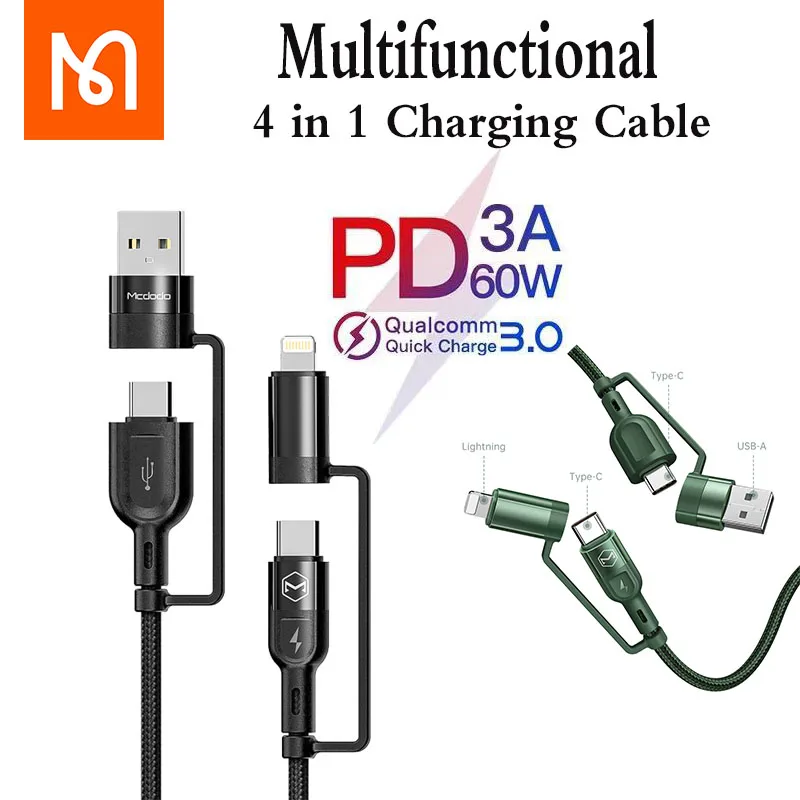 

MCDODO 4 in 1 60W PD USB/Type-C/ Lightning Fast Charging Cable Multi-Function Fast Charger For iphone 12 Huawei Xiaomi Tablets