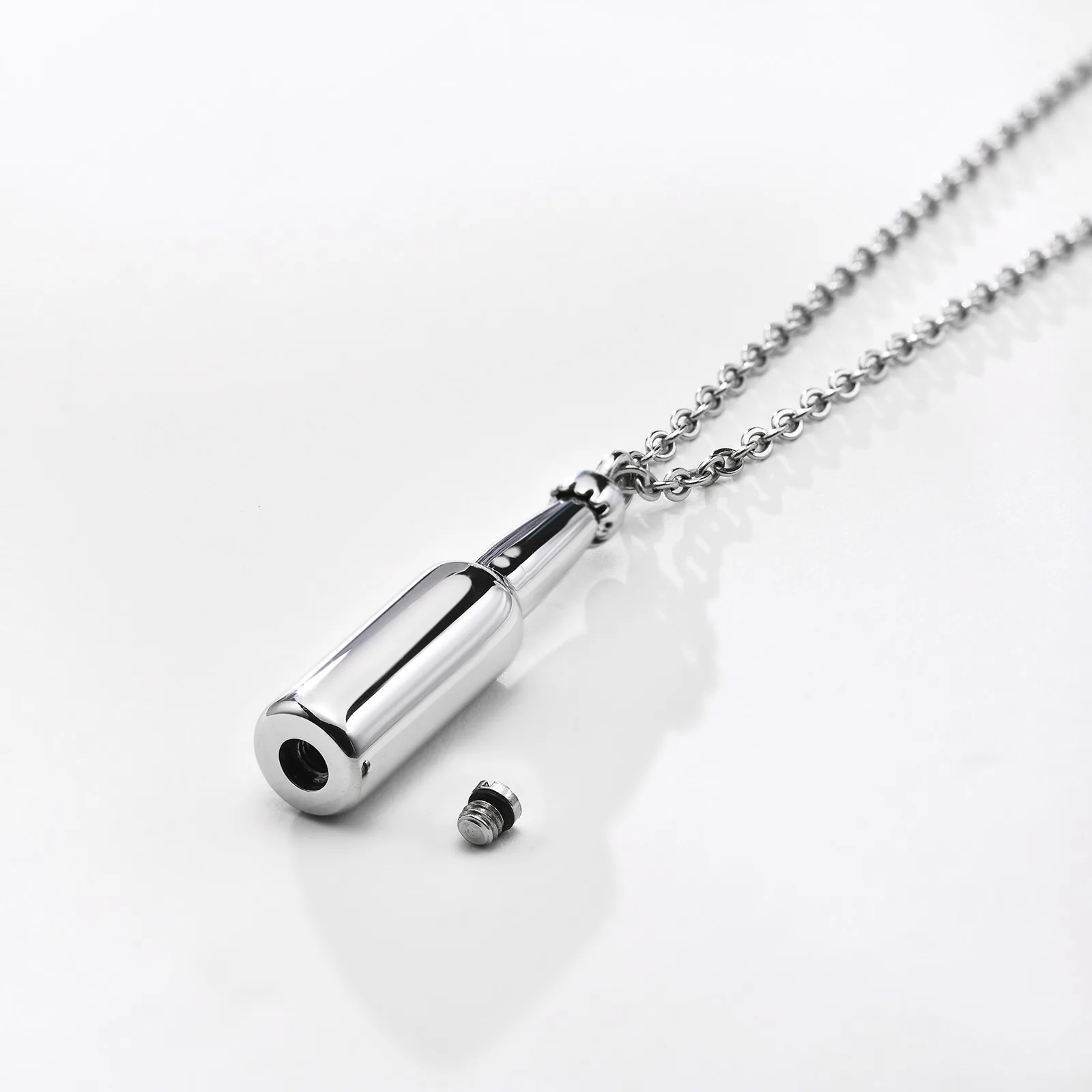 

Stainless Steel Beer Bottle Urn Openable Pendant Steel Color Men's Necklace