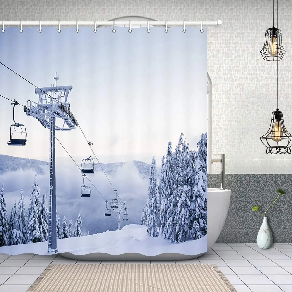 

Winter Sport Snow Skiing Shower Curtains Cable Car on Ski Field with Pine Firs Forest In Snowy Mountains Fabric Bathroom Curtain