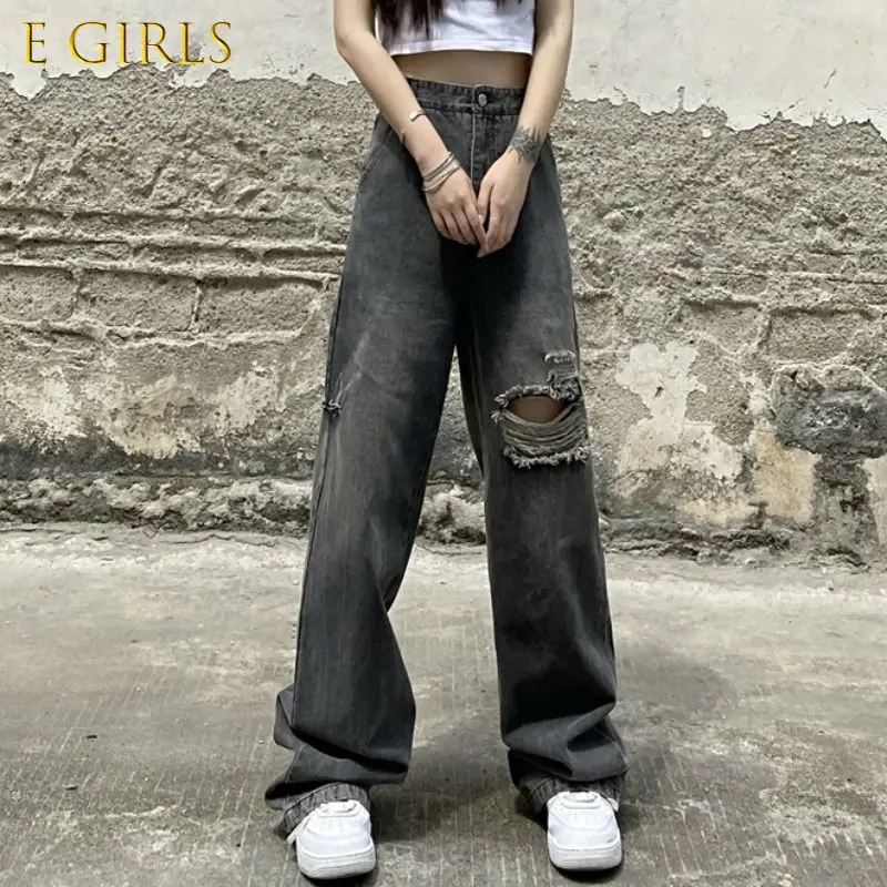 E GIRLS Jeans Women Loose Hole Full-length All-match Summer Fashion New High Waist College Pantalones Cool Wide Leg  Gray Soft