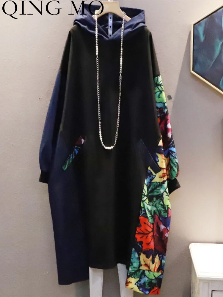 

QING MO Women Long Sleeves Hooded Sweatshirt Mid-length Retro Floral Splicing Cowboy Sweatshirt 2023 Autumn Winter LHX1396A