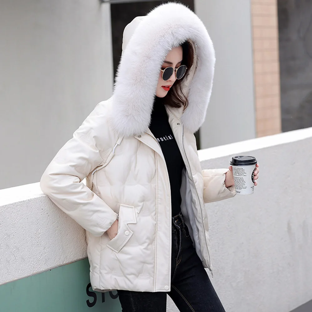 New Women Sheep Leather Down Jacket Winter Fashion Hooded Real Fox Fur Collar Thicken Warm Leather Coat Casual Loose Topscoat