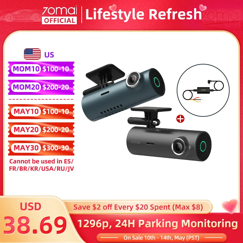 

70mai M300 Navy Car Recorder 24H Parking Mode 1296P 70mai Dash Cam M300 Hidden Cam Night Vision DVR WIFI & App Control