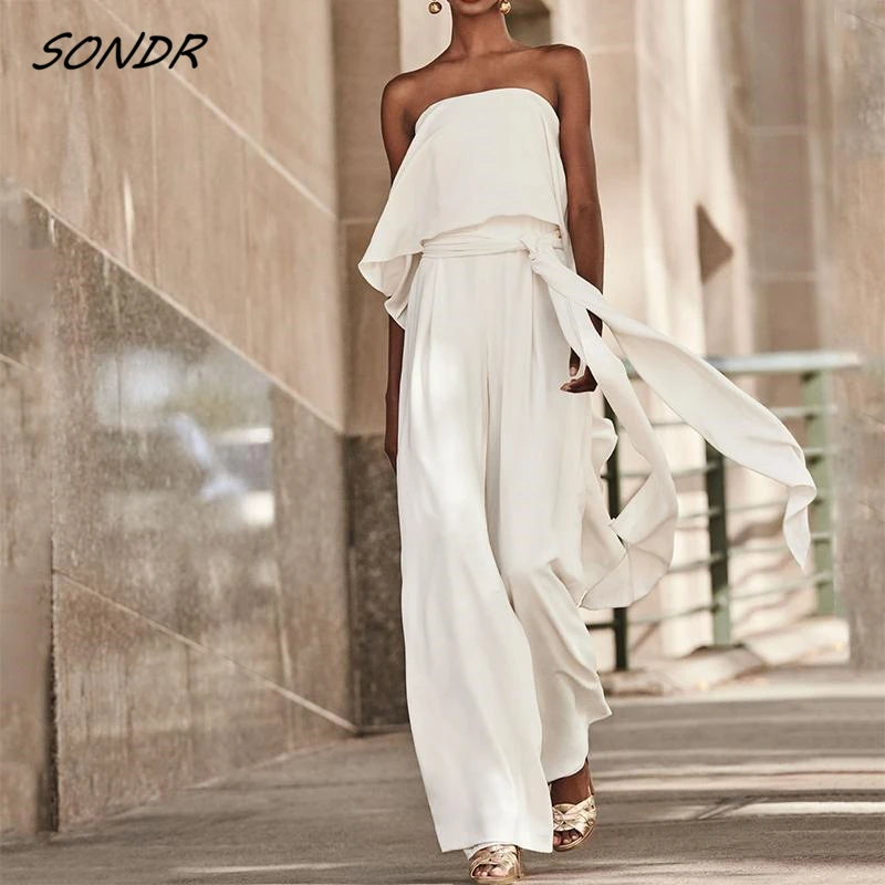 

2022 One Peice Outfit Womens Fashion Jumpsuit Belt Elegant Streetwear Rompers White Wide Leg Pants Suits