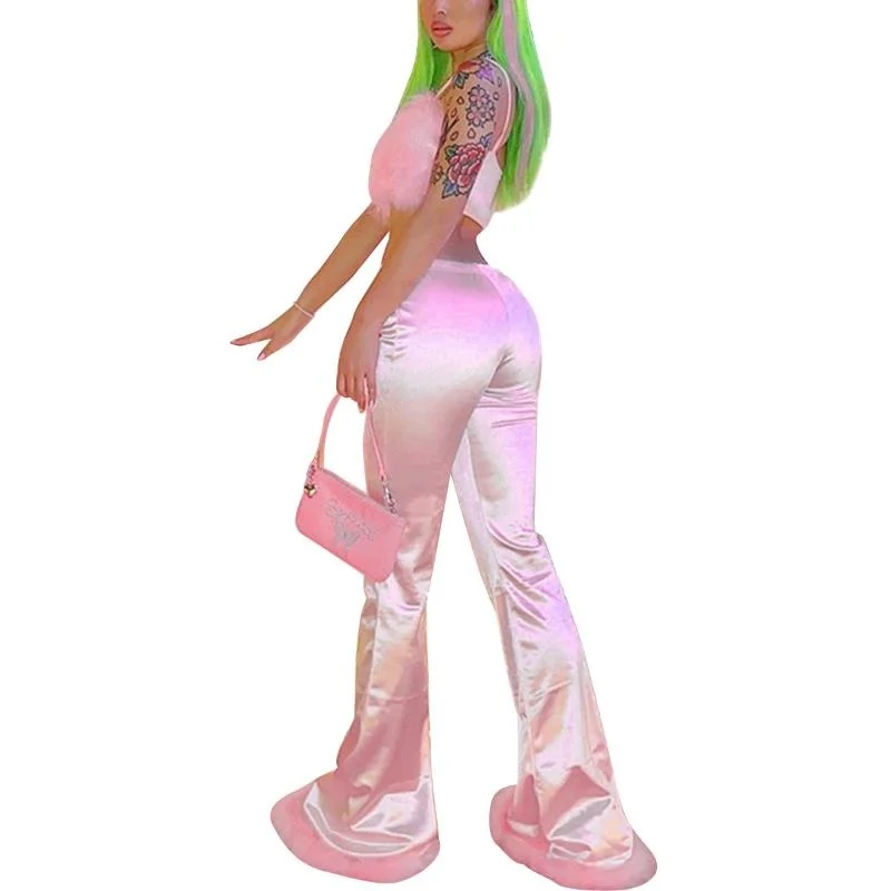 

Women's Pants & Capris Fashion Trend Women Stylish Long Flare Unique Fur Edge Decor Solid Pink Color Low Waist Skinny Casual