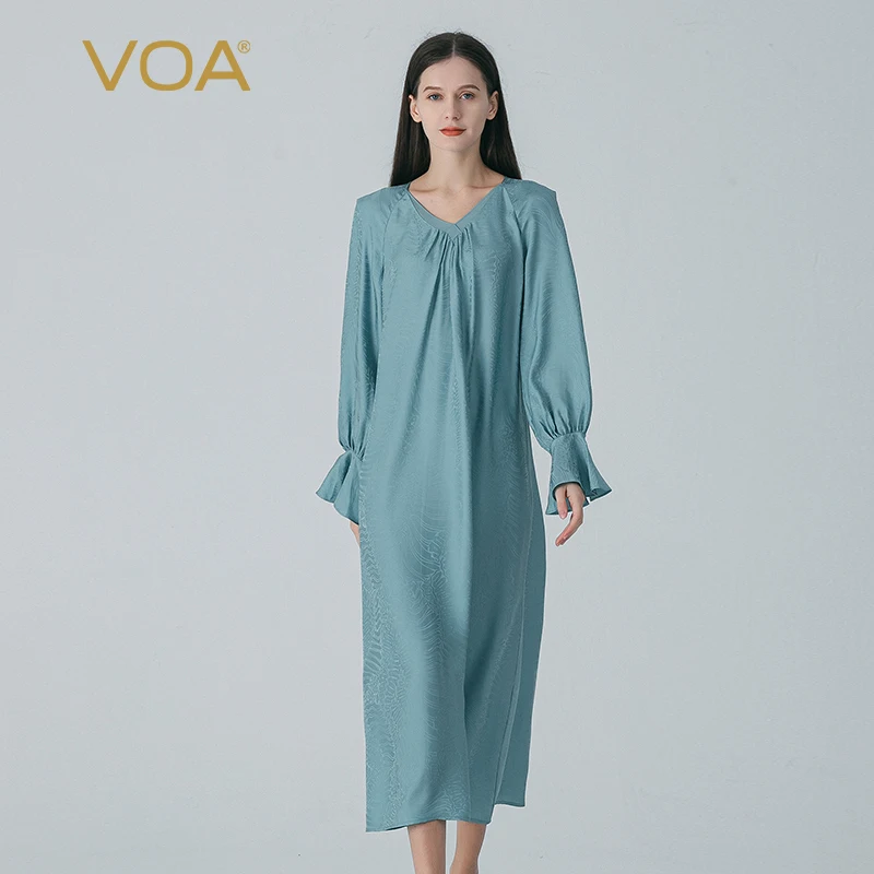 

VOA 100% Pure Silk Jacquard Blue V-neck Horn Long Sleeve Dresses Women Loose Good Quality Midi Silk Dress Spring New In AE1833