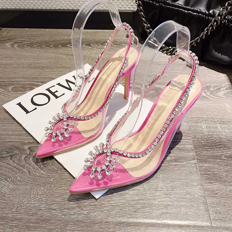 Women's transparent sandals 2023 pointed high heel rhinestone chain crystal French PVC wrapped thin heel banquet muller shoes