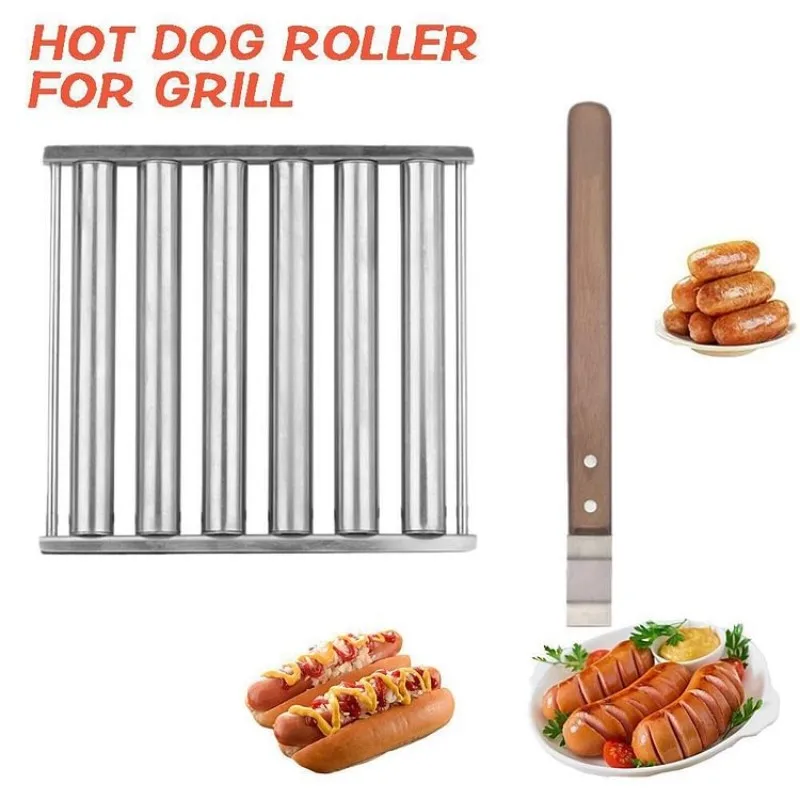 

Hot Dog Roller, Stainless Steel Sausage Roller Rack with Extra Long, Wood Handle Sausage Grill Cooker Machine