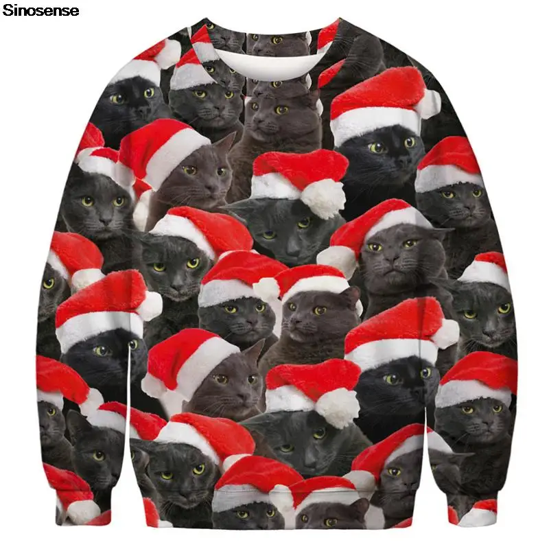 

Мужские и женские осенне-зимние Рождественские свитера, джемперы, топы, Рождественский Женский пуловер с 3D рисунком кошки, праздничная одежда