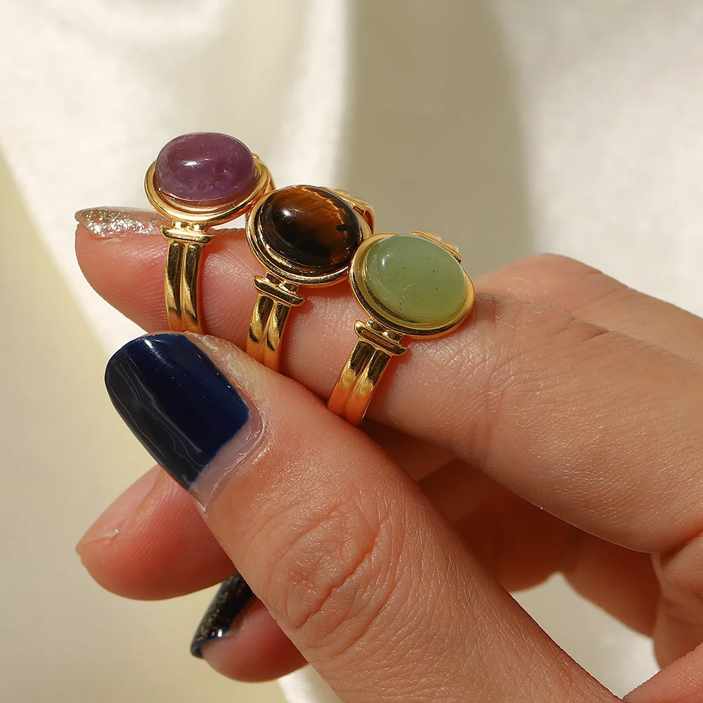 

Ins Internet Celebrity Rings of the Same Style 18K Gold Oval Tiger Eye/Green/Purple Semi-Precious Stone Open for Women