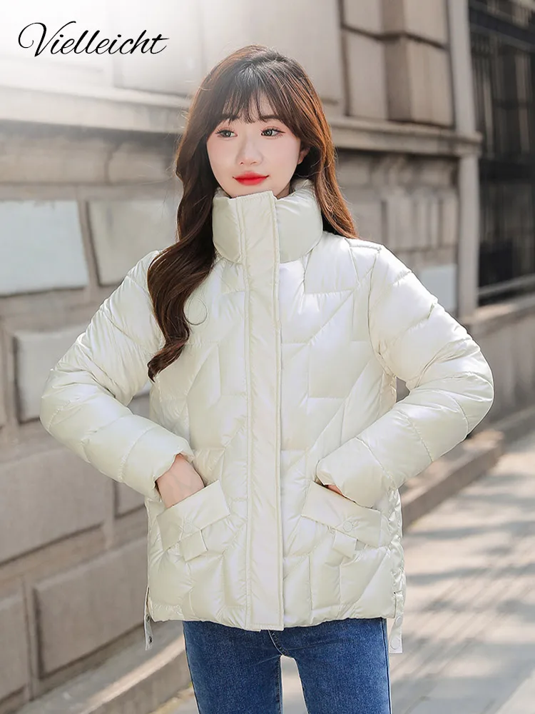 Vielleicht 2022 Winter Jacket Women Short Womens Parkas Thicken Outerwear Solid Coats Shiny Female Slim Cotton Padded Basic Tops