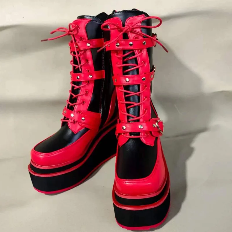 

2022 New Punk Mid Rise Boots Round Toe Super High Heel Fried Street Belt Buckled Versatile Women's Boots Fashion Boots Women