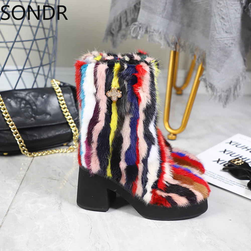 

Women's Winter Snow Fur Lining Real Mink Fur Trim Furry Mid Calf Boots Thicken Shoes Warm Rainbow Colors