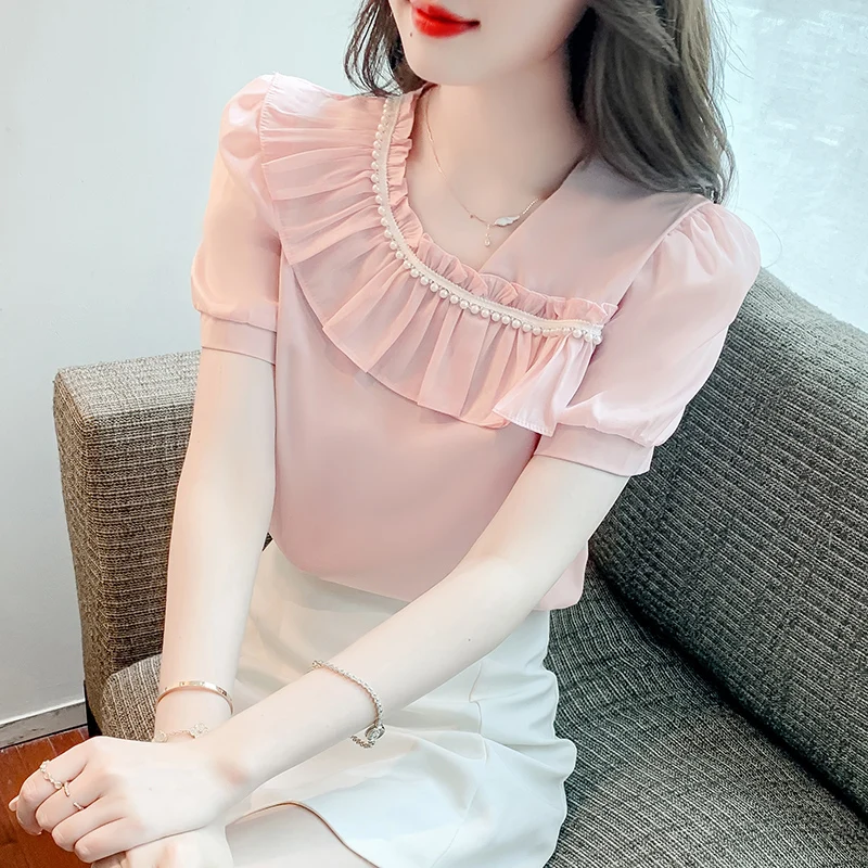 

Chiffon Woman Shirts Summer 2023 New Solid Blouses Loose Short Sleeves Patchwork Ruffles Top V-neck Ladies Clothing YCMYUNYAN