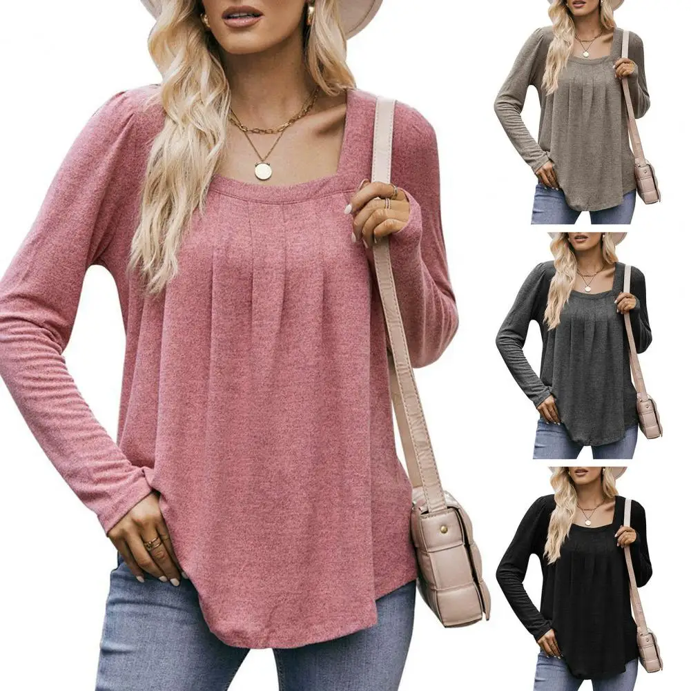 

Футболка женская с квадратным вырезом, мягкий дышащий пуловер с длинным рукавом и квадратным вырезом, свободный крой, весна