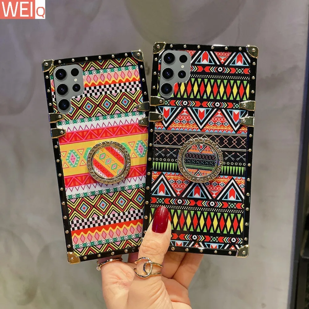 

Bohemian Ethnic Style Ring Stand Holder Square Plating Phone Case For Samsung S23 S8 S9 S10 S20 S21 S22 Note 9 10 20 Cover