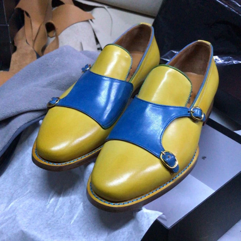 

Men Monk Loafers Color-blocking PU Round Toe Low Heel Double Buckle Slip-on Fashion Business Casual Wedding Daily Dress Shoes