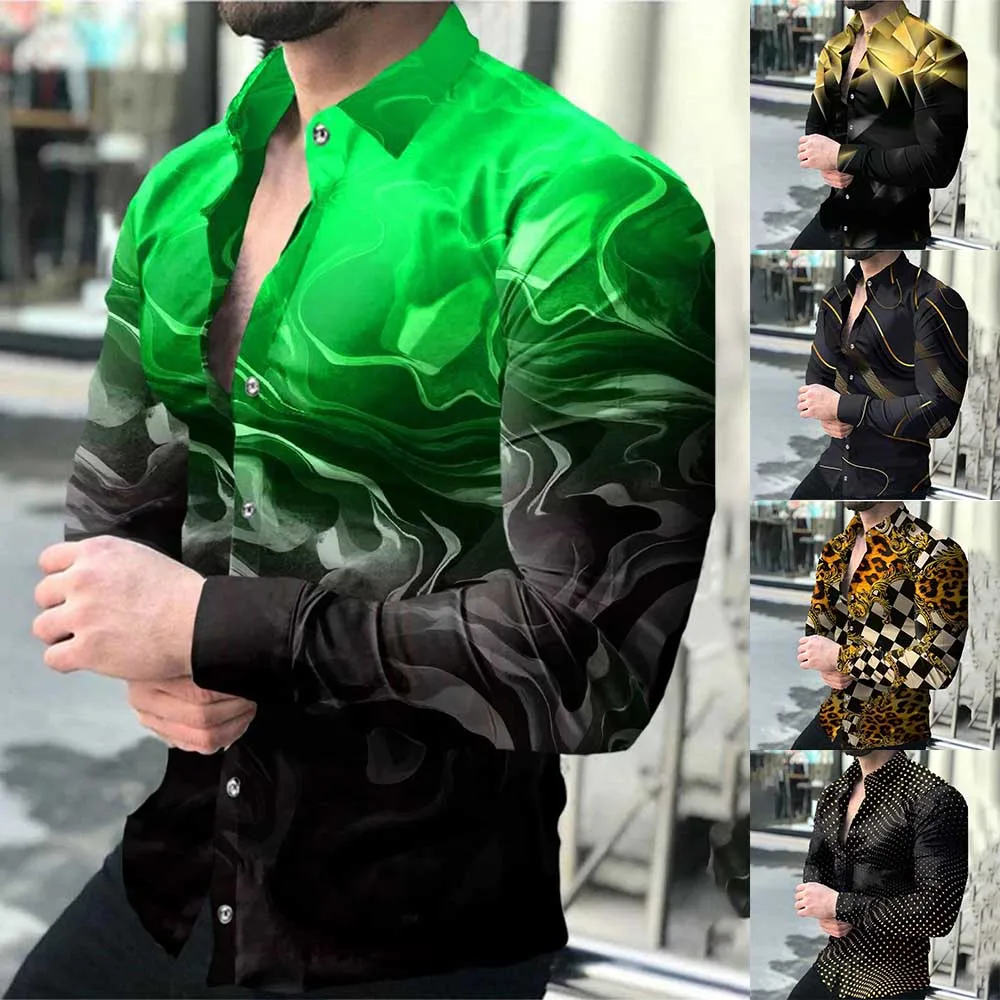 Fashion Button Down Shirt Men Printed Long Sleeve Tee Vintage Party Dress Shirt Casual Pint Tops L-4XL