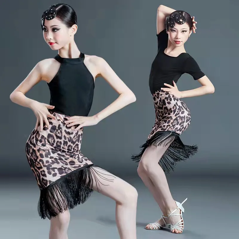 Disfraces de baile para niñas, nuevo vestido latino con falda de borla de manga larga corta, estampado de leopardo, equipo de competición, actuación, 2022