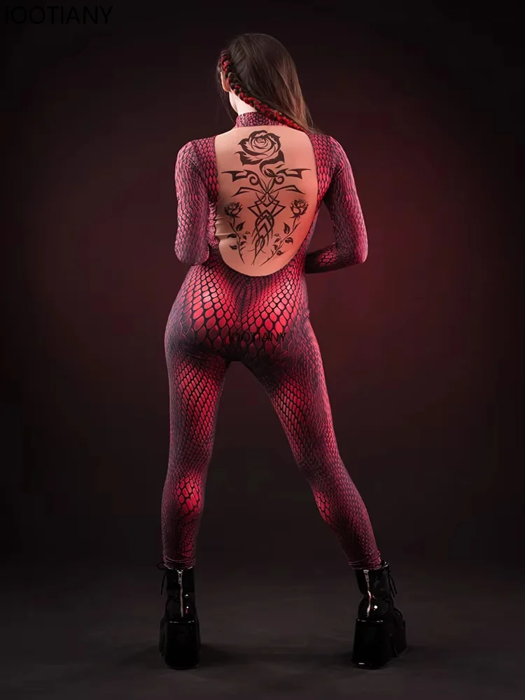 Хэллоуин красный змеиный принт косплей комбинезон женский сексуальный боди с