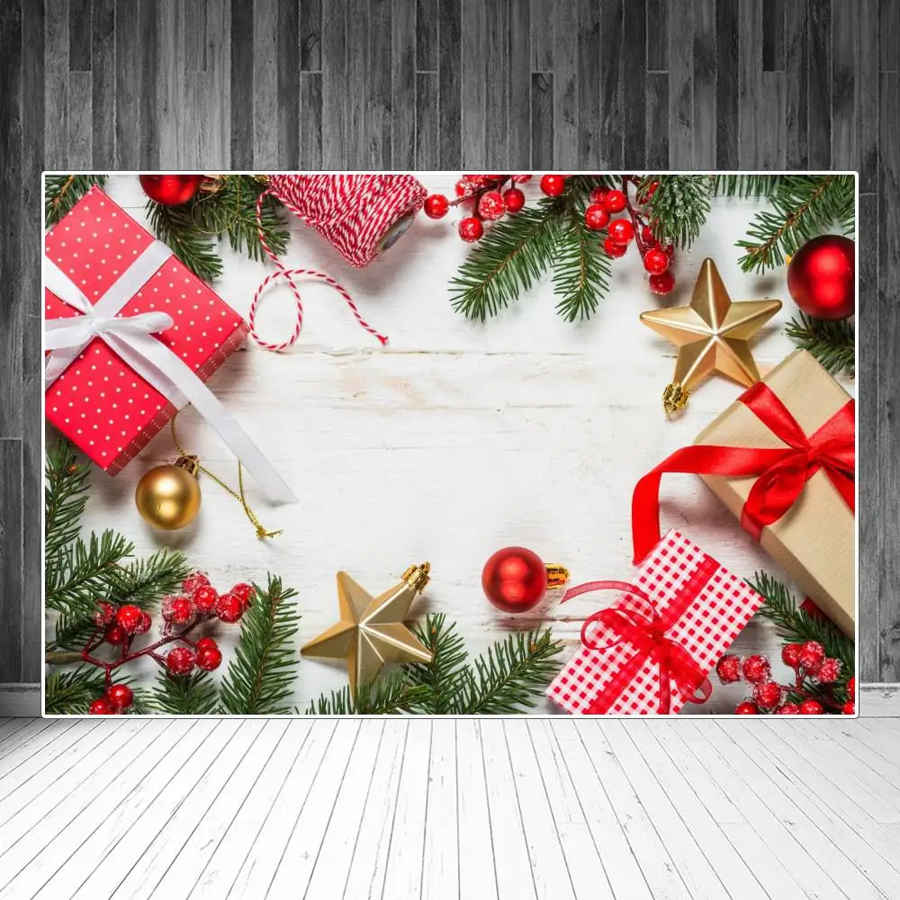 

Christmas Gift Balls Holly Pine Wooden Boards Planks Photography Backgrounds Custom Baby Party Decoration Photo Booth Backdrops