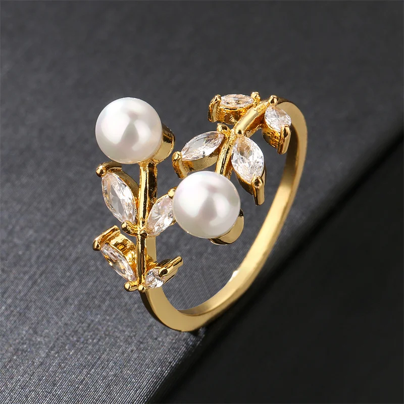

Luxury Creative Zircon Leaf Pearl Gold Color Open Rings for Woman Korean Fashion Jewelry New Goth Party Girls Unusual Rings