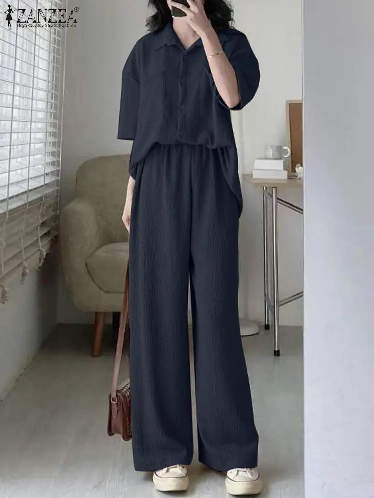 

2023 ZANZEA Fashion Urban Tracksuits 2PCS Short Sleeve Tops Wide Leg Pants Summer Casual Suit Women Vintage Street Matching Sets