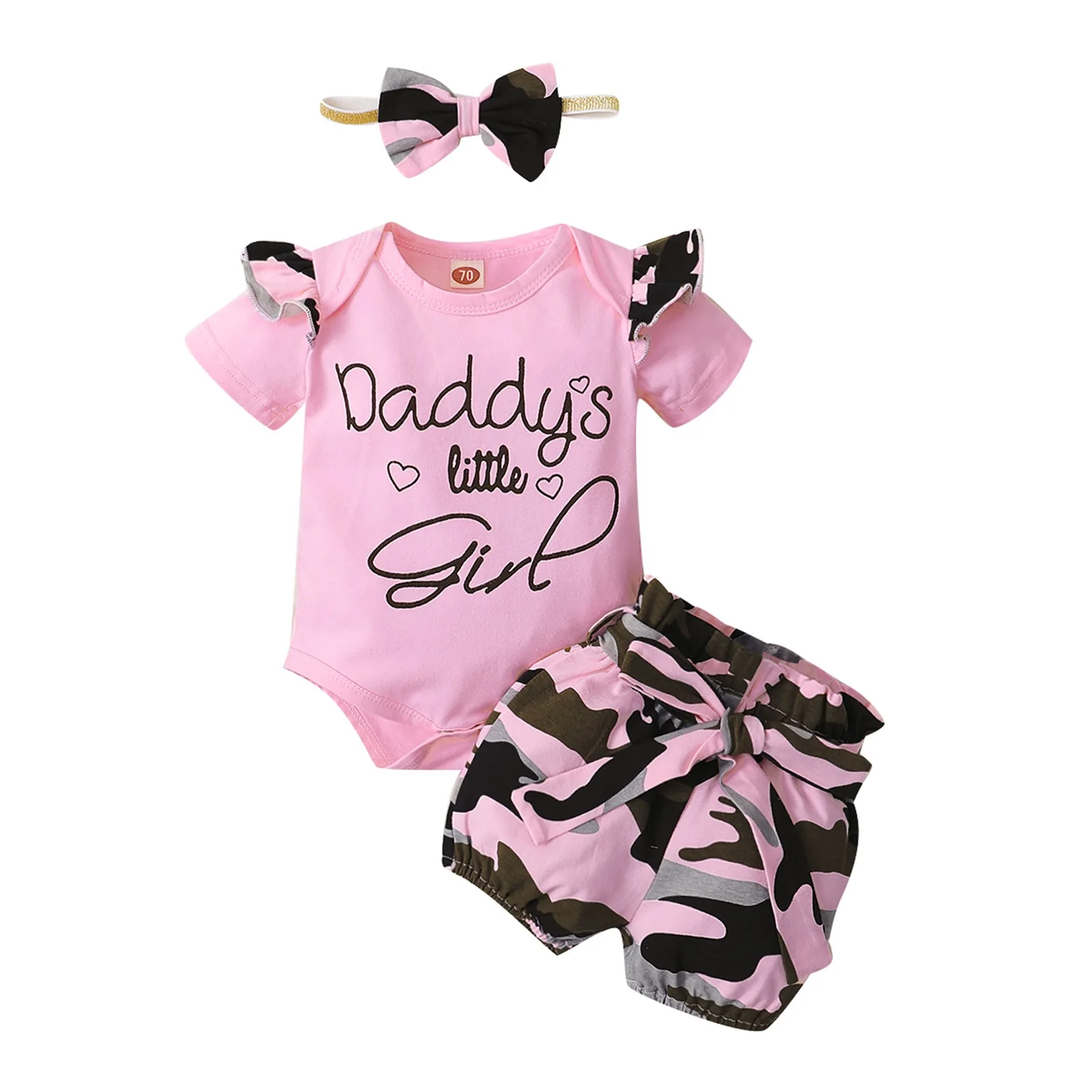

3pcs Set Summer Newborn Baby Girls Short Sleeve Outfits Daddys Little Girl Camo Ruffles Romper Shorts Baby's Clothing Sets