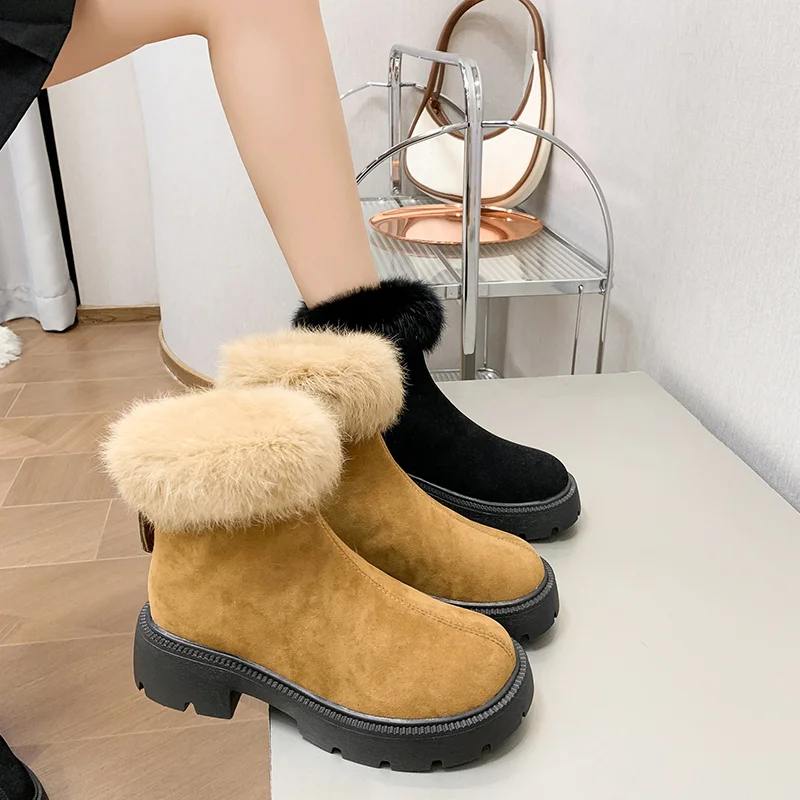 Winter Women's Ankle Boots Square Heel Snow Boots Plush Snow Boots Warm Platform Flock Slip Shoes Woman Woman Botas Mujer 2023