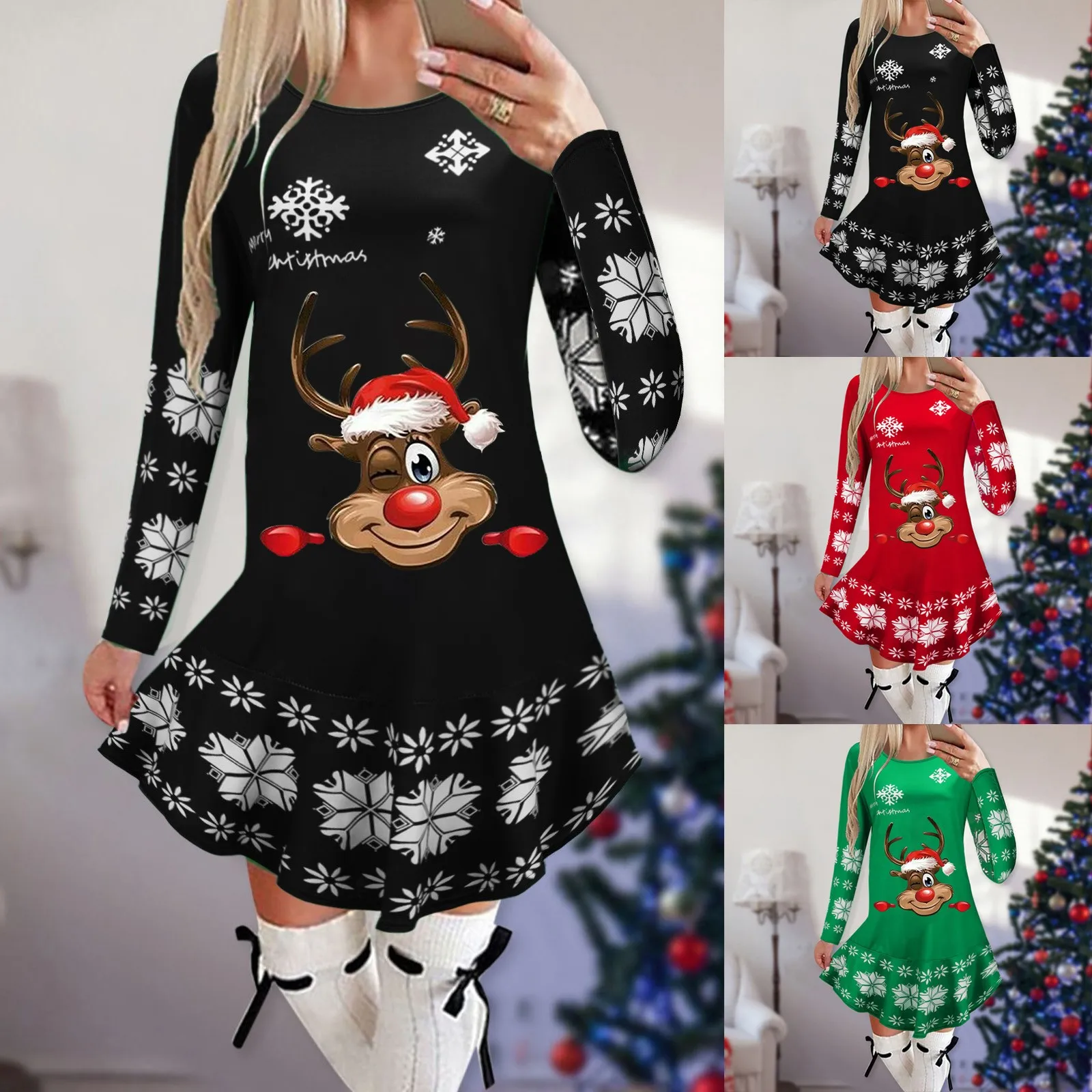 

Женские рождественские платья с принтом, платье с круглым вырезом и длинным рукавом, осенние и зимние повседневные сексуальные платья, дело...