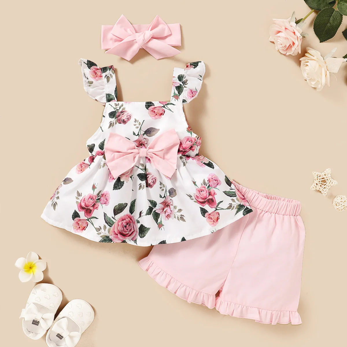 

New Toddler Baby Girl Clothes Set Small Floral Suspender Top Solid Ruffle Shorts Headband Infant Fashion Clothes Suit