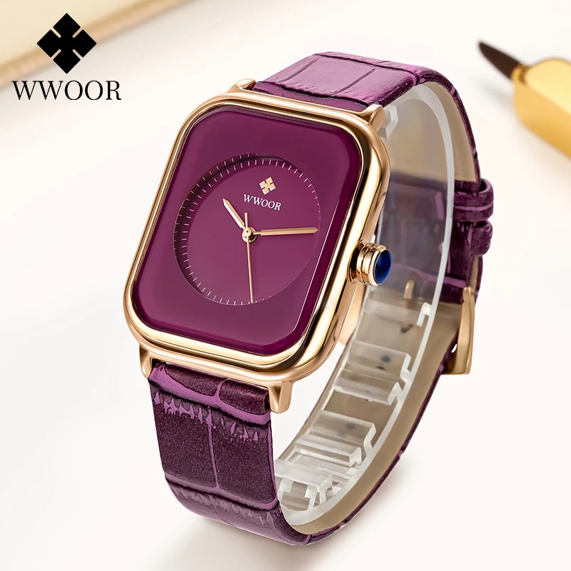 WWOOR Purple Watch For Women Quartz Rectangle Watch Luxury Ladies Dress Wristwatch Leather Casual Female Clock Relogio Feminino
