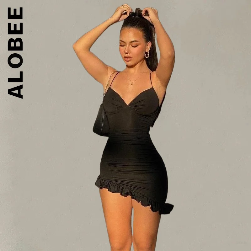 

Alobee Women Dress Fashion Basic Irregular Ruffle Slip Dress Chic Club Outfits Elastic Clothing Vestidos Female